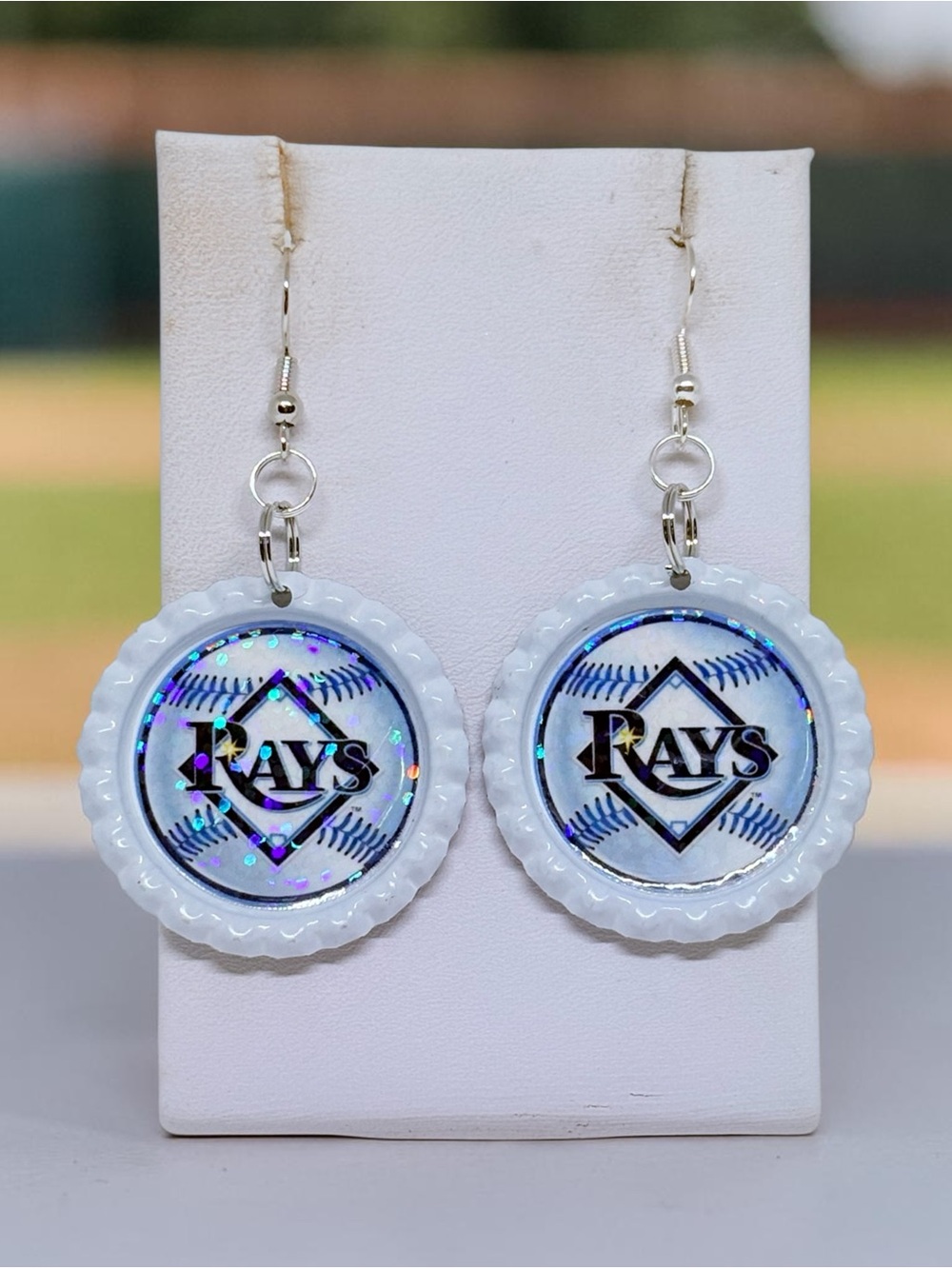 Rays White Holographic Baseball Dangle Earrings
